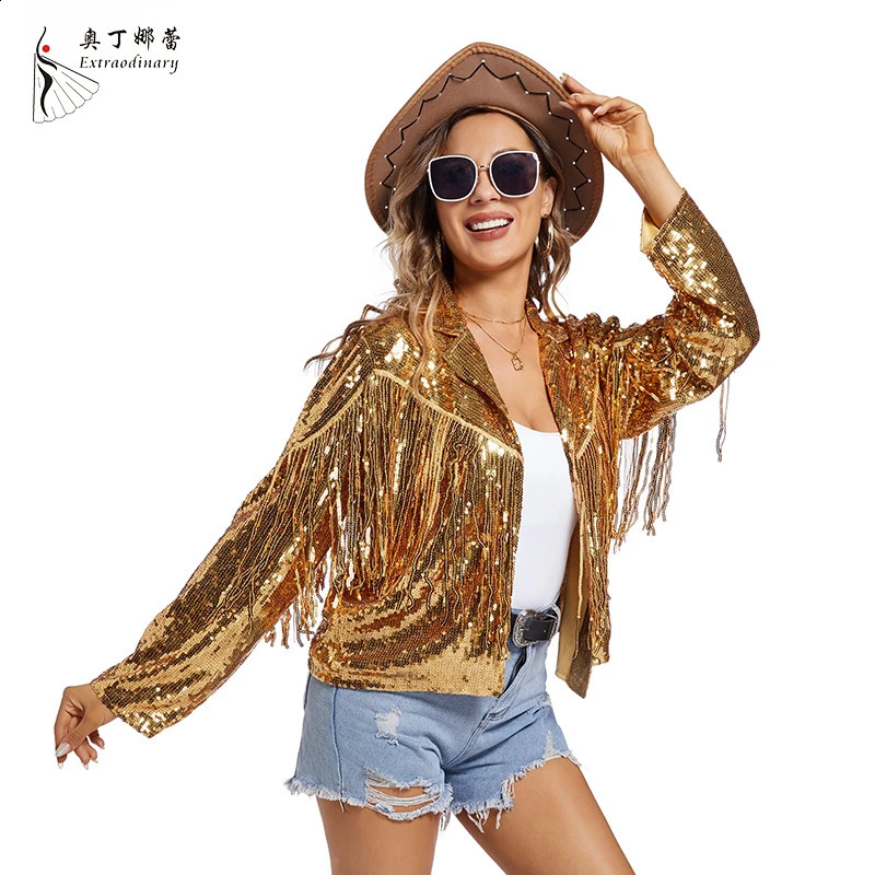 Womens sequined edge jacket long sleeved tassel sparkling party disco suit retro jacket 240827