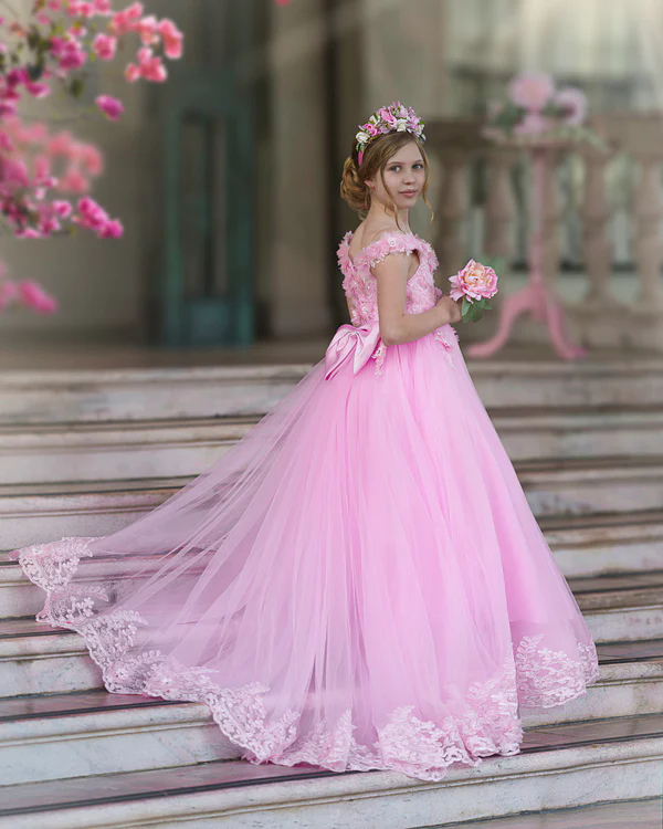 Princess Pink Wedding Flower Girl Dresses Sheer Cap Sleeves Ball Gown Kids Birthday Party Gowns Beaded Bow Tie Puffy Sleeves Formal Kid Dress
