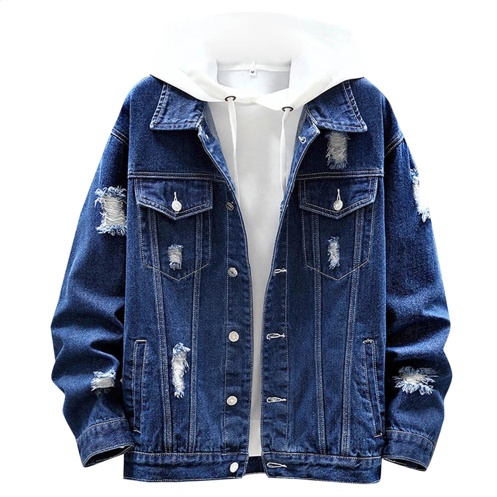 Summer and autumn mens denim jacket casual solid collar single chest jeans regular tear hole cotton 240827