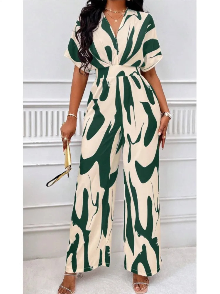 Summer one-piece striped printed short sleeved V-neck womens jumpsuit elegant high waisted wide pants jumpsuit vacation jumpsuit 240827