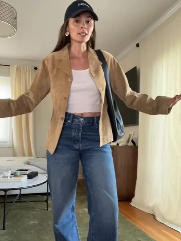 Flip collar single chest crop jacket for women fashionable suede leather long sleeved ultra-thin jacket autumn womens business street jacket 240827