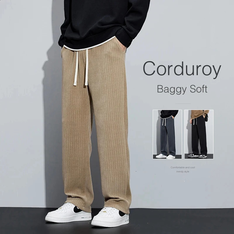 Corduroy Mens Baggy Casual Pants Elasticity Soft Khaki Black Fashion Korean Streetwear Autumn Drawstring Straight Trousers 240828