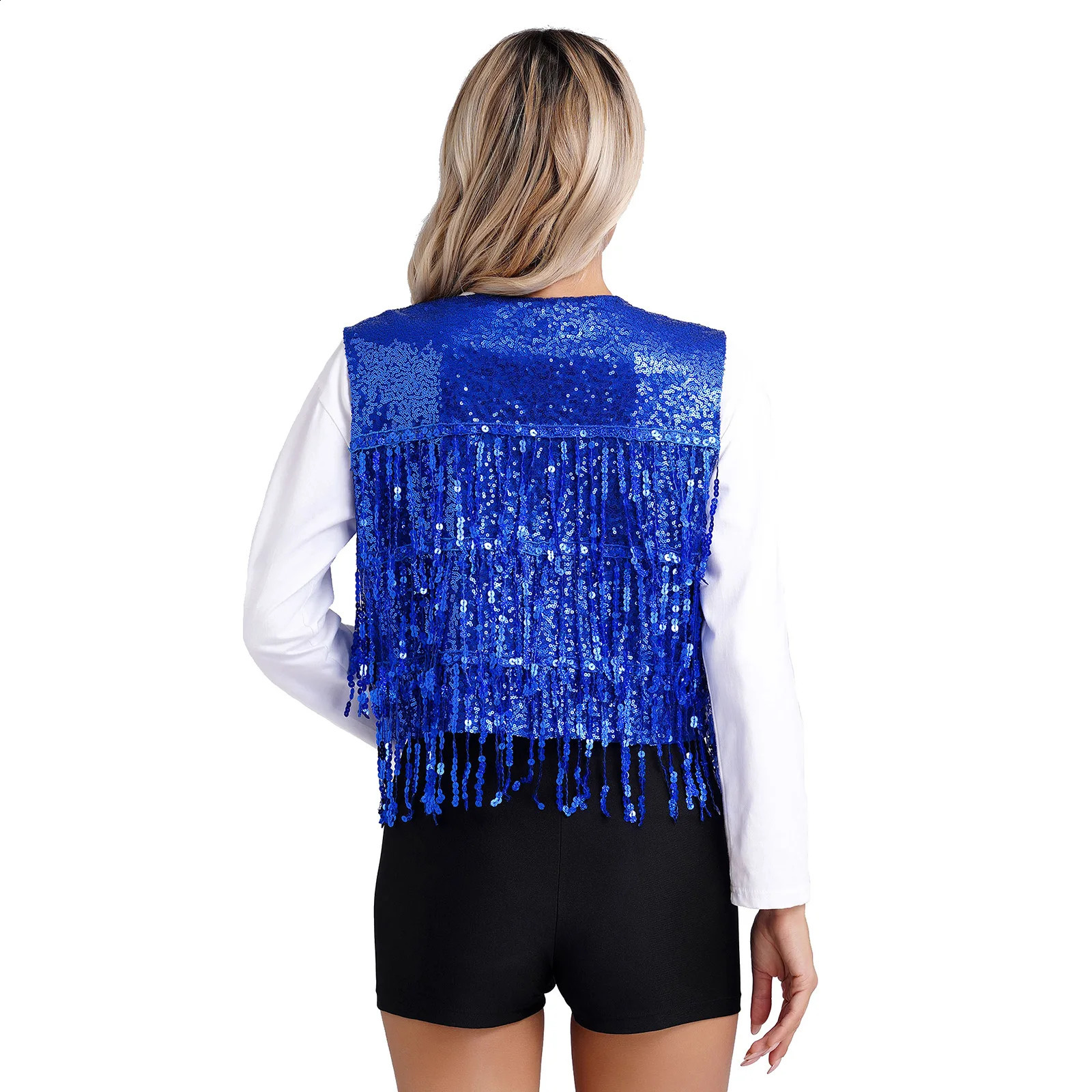 Womens Christmas Music Festival Carnival Party Vest Sparkling tassel Sleeveless V-neck Belt for Jazz Pole Dance Club Costume 240828