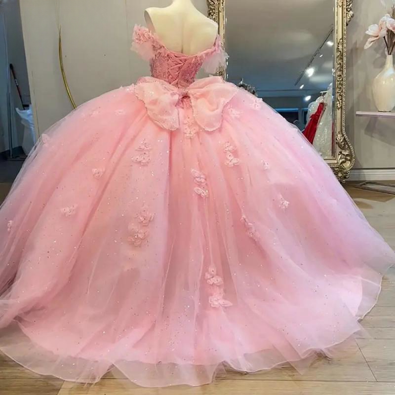 Pink Off The Shoulder 3D Butterfly Crystal Quinceanera Dresses Ball Gown Beading Tull Sweet 16 Dress Birthday Vestidos 15 De XV Anos