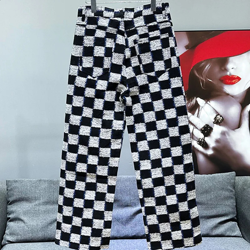 PFHQ Checkered Color Block Denim Set Mens Fashion Personality Haute Quality Male Two Piece Jackets Pants Summer 21Z02 240827