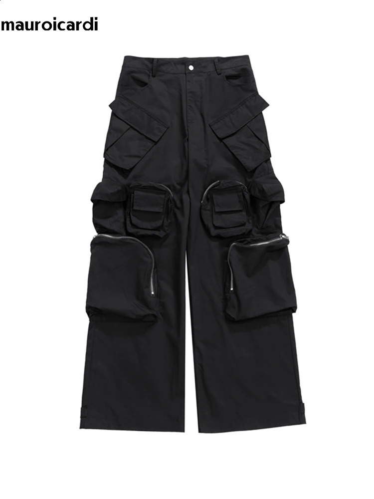 Mauroicardi Springautumn Black Mens Pants With Multiple Pockets Designer American Retro Street Clothing Runway Fashion