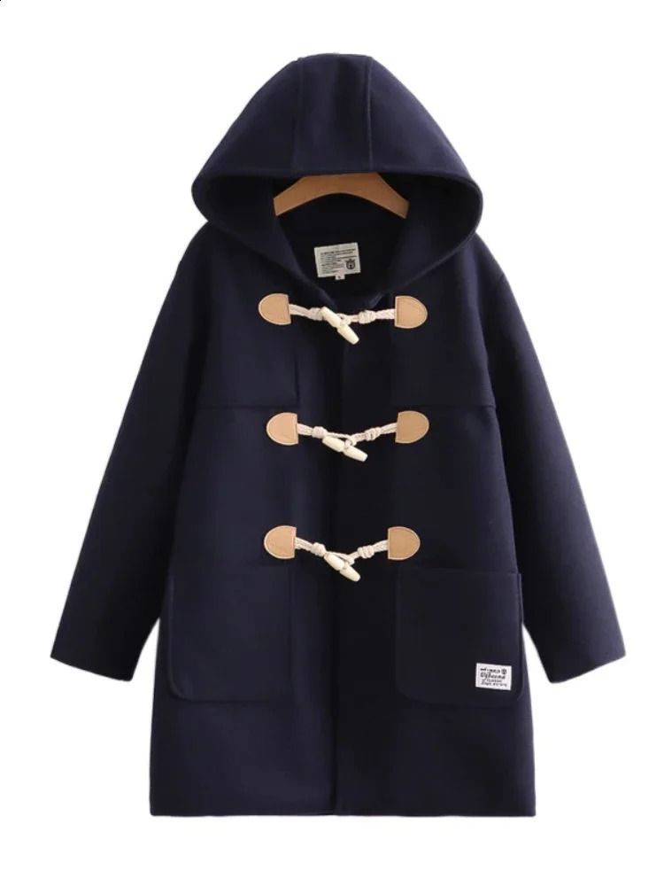 Winter womens wool blend jacket straight hooded jacket flared button sleeves prefabricated style womens warm jacket 240828
