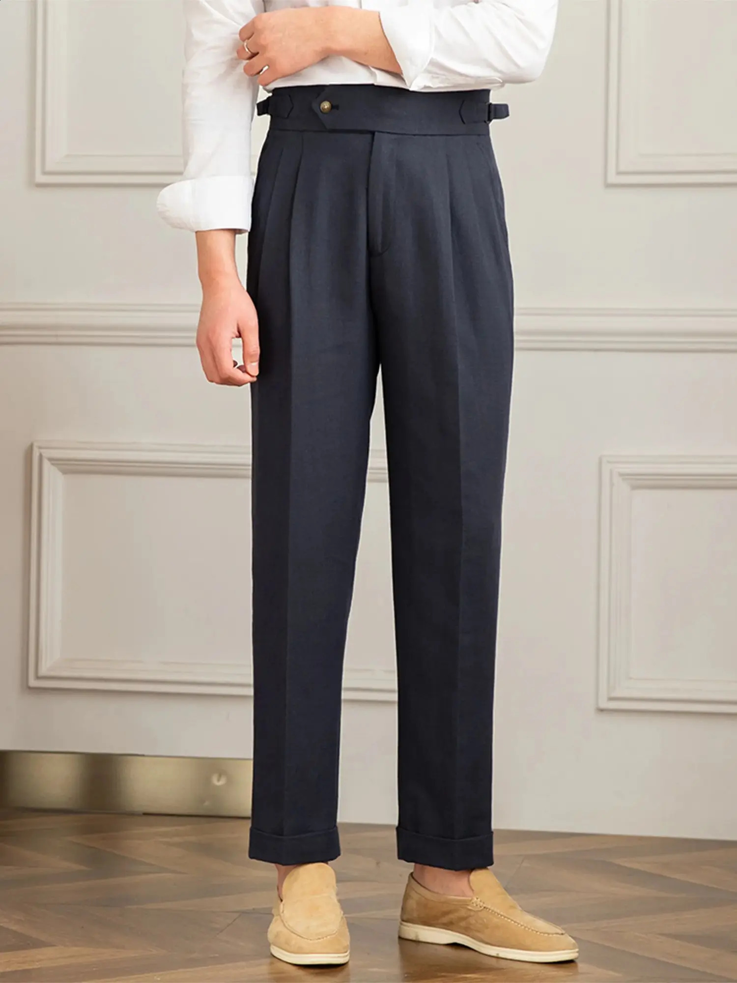 Linen cotton high waisted straight casual pants mens retro Naples gentleman pleated high-quality Italian dress Trouser 240828