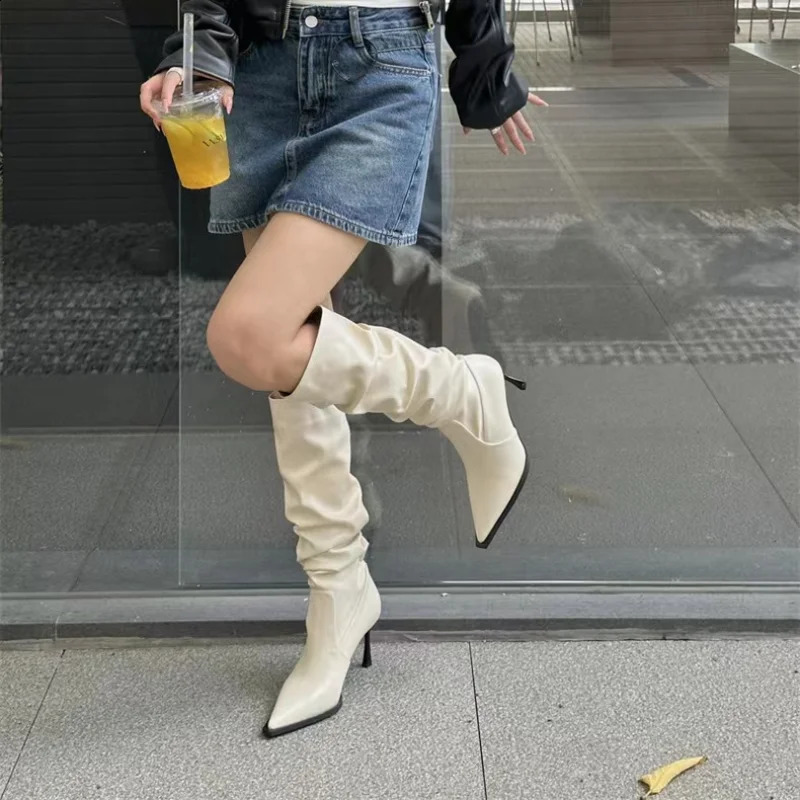 2024 Sexy Winter Womens High Boots Fashion Dot Toe Stiletto High Heels Long Boots Womens Elegant Knee High Boots 240827