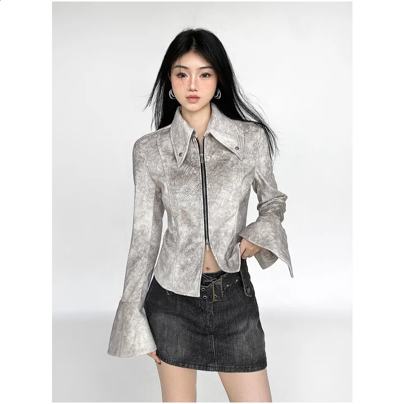 Womens gray shirt personalized summer fashion Y2K long sleeved fashion POLO collar womens clothing zipper top 240827