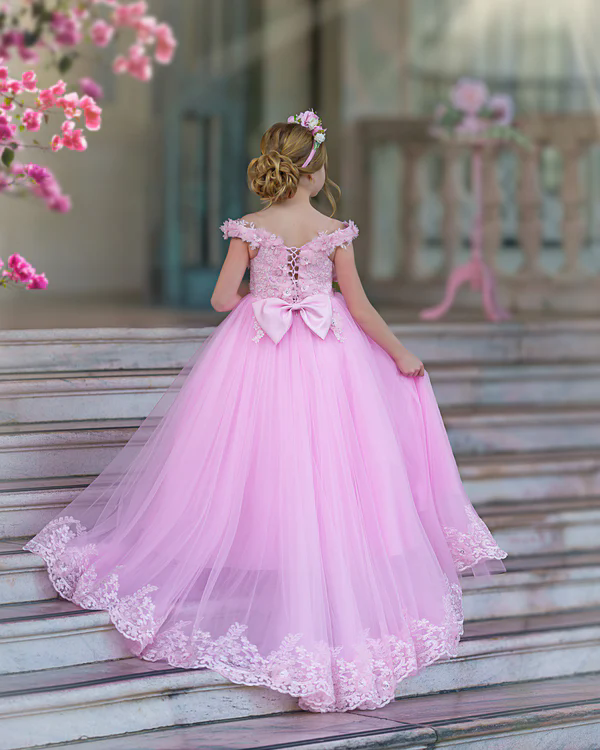 Princess Pink Wedding Flower Girl Dresses Sheer Cap Sleeves Ball Gown Kids Birthday Party Gowns Beaded Bow Tie Puffy Sleeves Formal Kid Dress