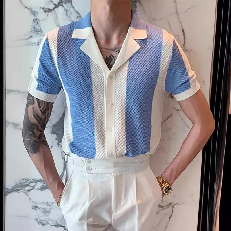 Mens Knit Shirt Striped Contrast Color Jacquard Knitted Tops Men Cardigans Summer Short Sleeve Buttoned Lapel Slim Shirts 240827