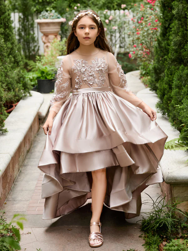 Champagne Wedding Flower Girl Dresses Long Sleeves Ball Gown Kids Birthday Party Gowns High Low Long Sleeves Formal Kid Dress