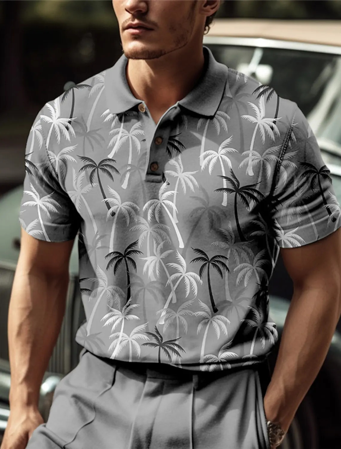 Mens polo shirt summer casual coconut tree pattern button breathable quick drying moisturizing short sleeved mens top 240828