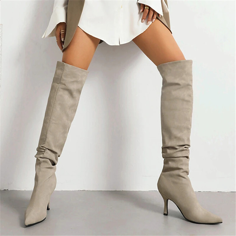 Super High Thin Heels Suede Upper Women Casual Soft Sole Thigh Boot Retro Style Solid Color Pointed Toe Slip On Slow Boot 240827