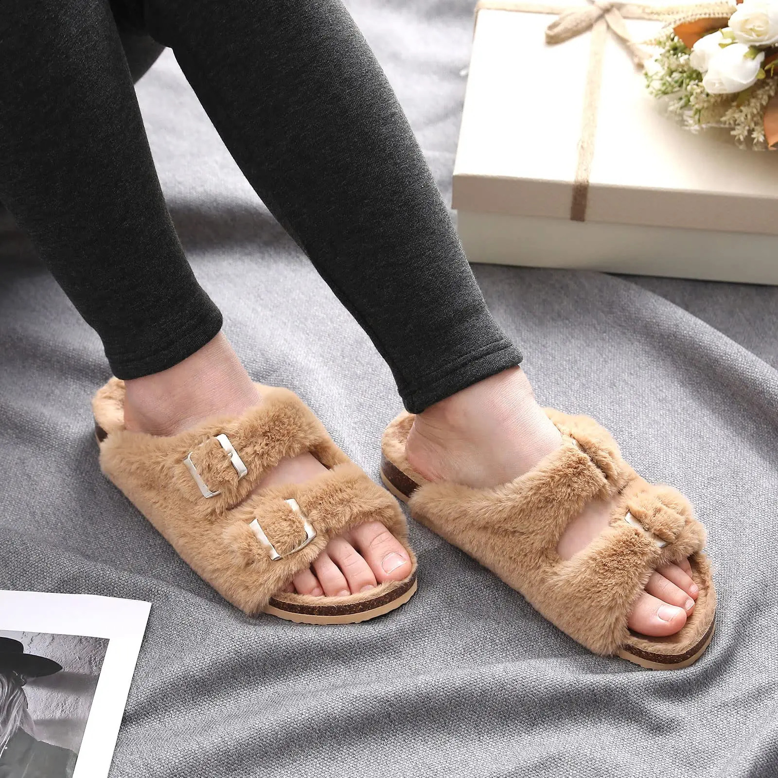 Crestar womens fuzzy slider with cork foot pad fluffy slider sandals open toe indoor shoes arch support adjustable slider 240827