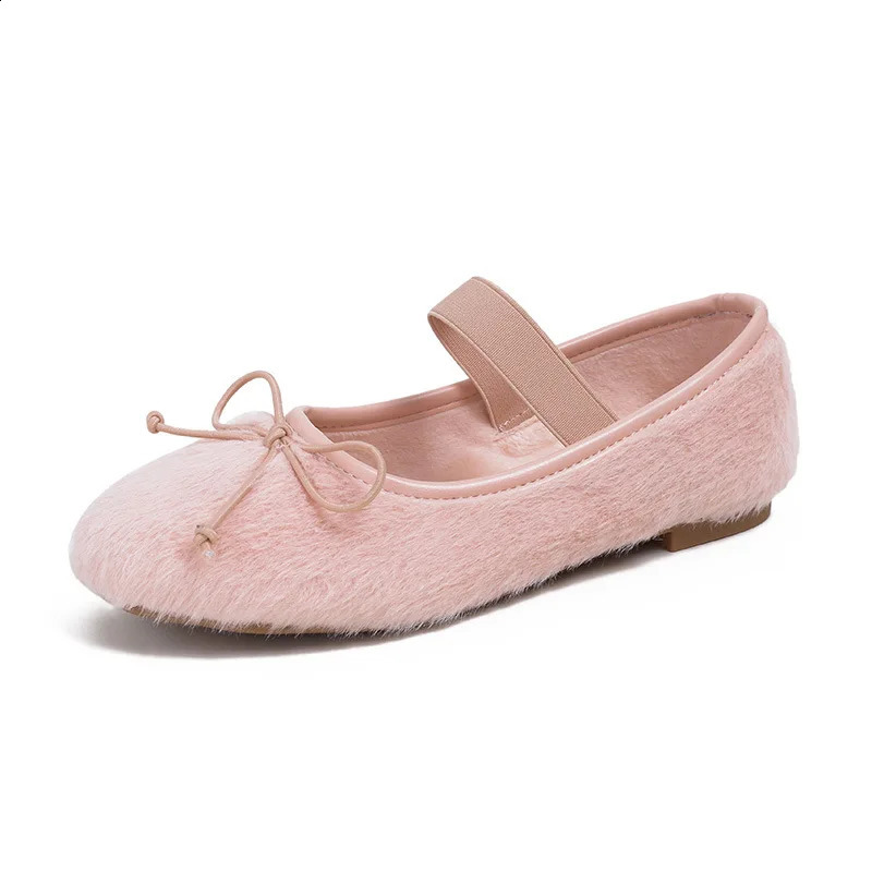 Cute fur bow ballet dancer womens fur lined ballet dancer winter round toe flat female bride wedding shoe dance Mocassines Mujer 240827