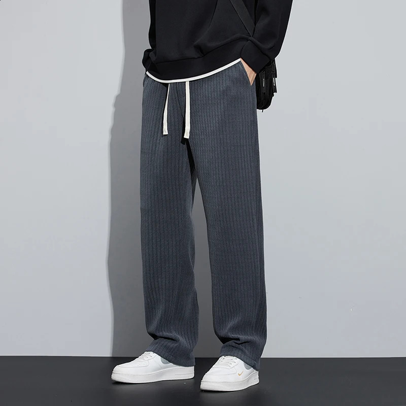 Corduroy Mens Baggy Casual Pants Elasticity Soft Khaki Black Fashion Korean Streetwear Autumn Drawstring Straight Trousers 240828