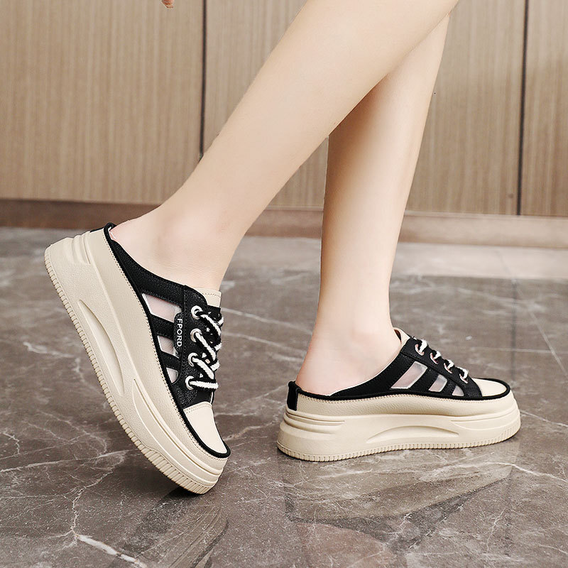 Ddmysports C New Half Trailer Summer Trend Hollowed Out Color Blocking Breathable Thick Sole Casual Height Increasing Board Shoes Slippers OUTDOOR