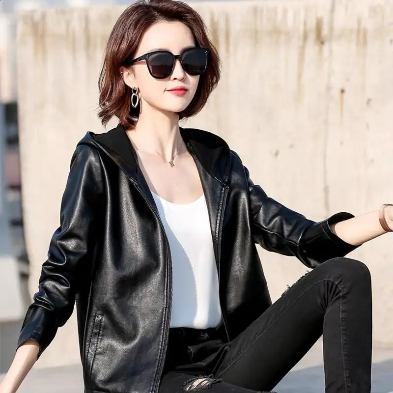 Autumn leather jacket womens hooded zipper sports shirt bomber jacket long sleeved short sleeved jacket black PU leather jacket windproof 240827