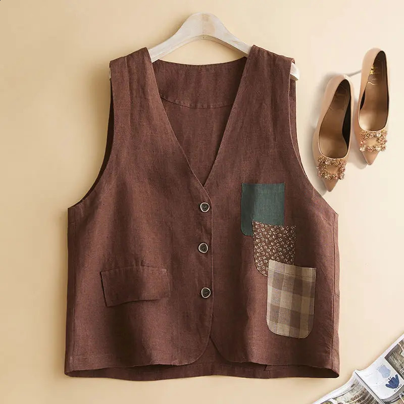 Summer womens cotton linen three pocket vest 240828