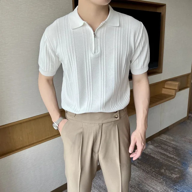 Italian style zipper short sleeved polo shirt British retro elegant jacquard lapel ribbed knit mens half sleeve 240829
