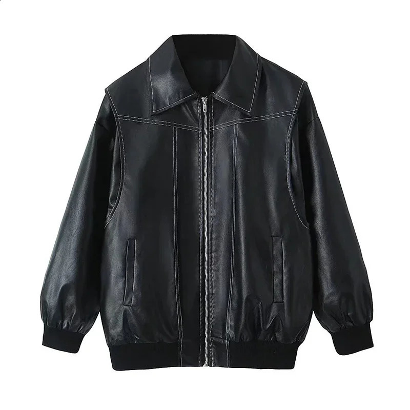 Syiwidii womens casual jacket with lapel long sleeved zipper leather jacket Y2K fashionable womens streetwear jacket 240827