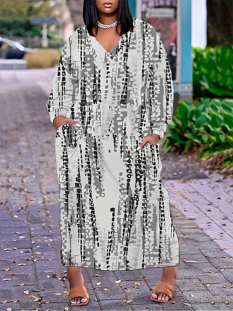 Plus size springsummer womens Vneck long sleeved loose casual irregular pattern printed dress 240828