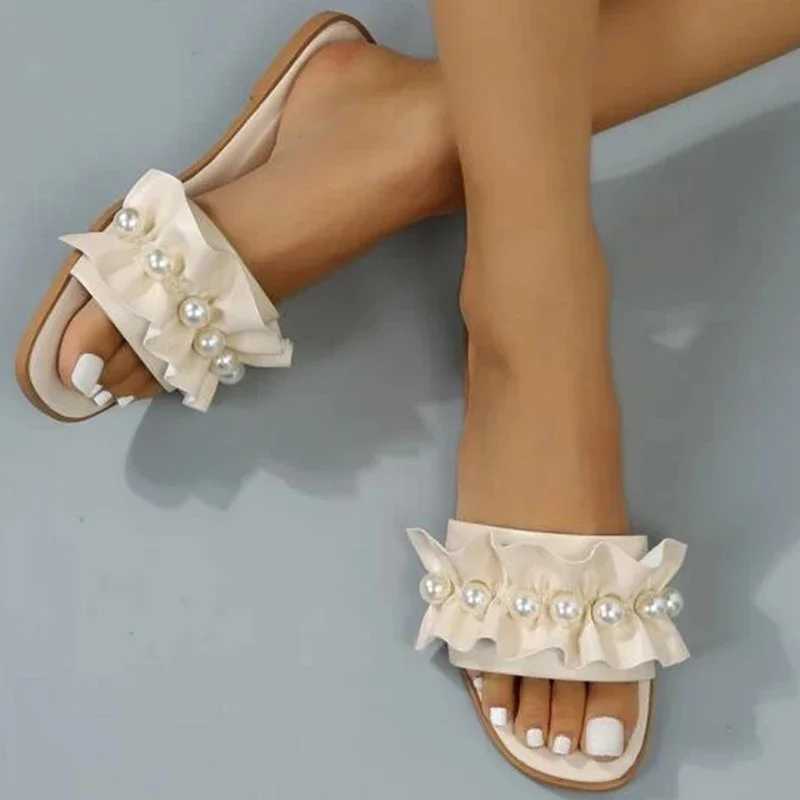 Women Slides Faux Pearl Decor Ruffle Trim Sandals Open Toe Wear-resistant Flat Slippers Summer Beach Sandals Women Shoes W250704