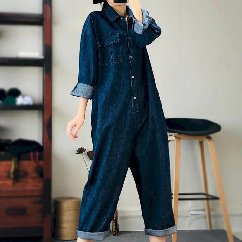 Oversized denim jumpsuit womens blue denim long sleeved Playsuits high waisted fashion top casual one-piece womens clothing 240827