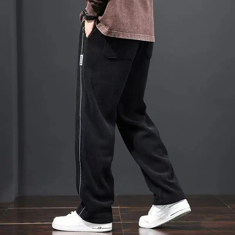 Spring/Summer Casual Pants Mens Solid Striped Elastic Waist Patch Work Drawstring Pocket Versatile Straight Trousers 240828
