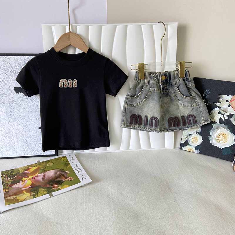 2 Piece Skirt Set Girls Denim Skirt Suit Set with Tee - Summer Shorts and Shirt Set for Children y250607P6H6