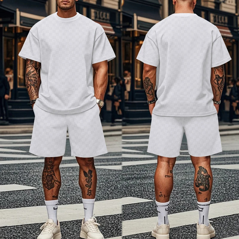 mens summer jacquard PJlaid short sleeved Tshirt fashion sports set breathable Tshirtsports shorts twopiece 240827