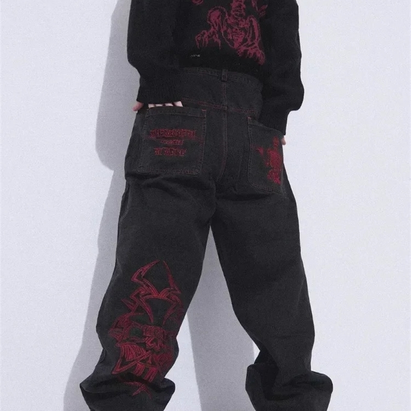 HOUZHOU Y2K Mens Hip Hop Retro Skeleton Embroidery Bag Washing Pants Skeleton Casual Loose Wide Leg Mens Street Clothing 240827 ww