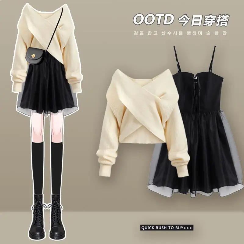 springsummer loose knit shawl sweater mini pleated short skirt twopiece set elegant womens skiing suit sexy dress 240827