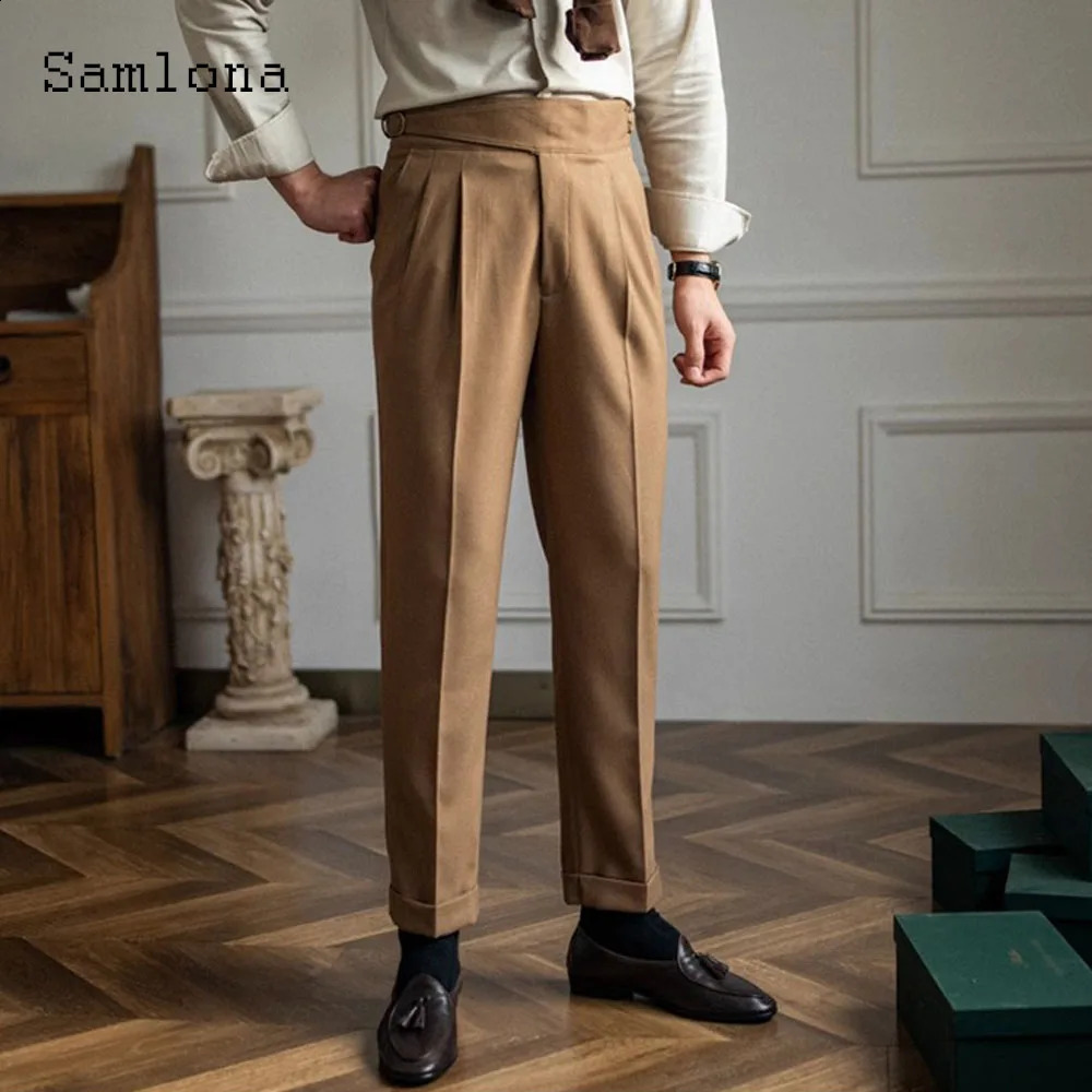 Mens Elegant Formal Naples Wedding Set Pants Pure White Ankle Length Trouser Mens Vinatge Button Set Pants 240828