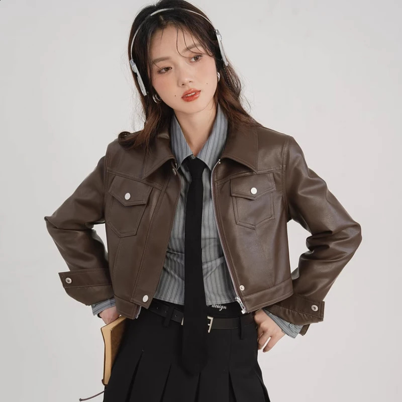 American retro sweet and style coffee colored womens leather jacket autumn n feeling short motorcycle jacket top 240827