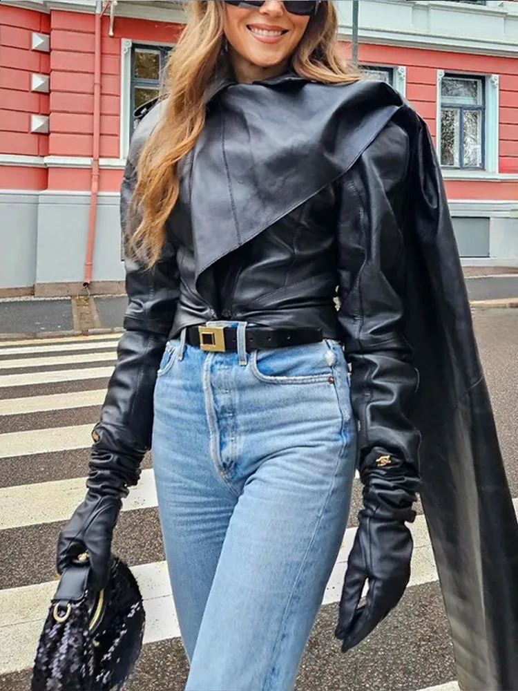 Pu leather open top jacket womens retro cape shawl collar jacket zipper womens spring fashion ultra-thin cool street clothing womens top 240827