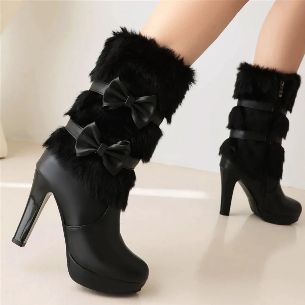 2024 Winter Fashion Womens High Heels Pink White Black Fur Tassel Bow Cute Lolita Womens Zipper Party Wedding Shoes 33-43 240827