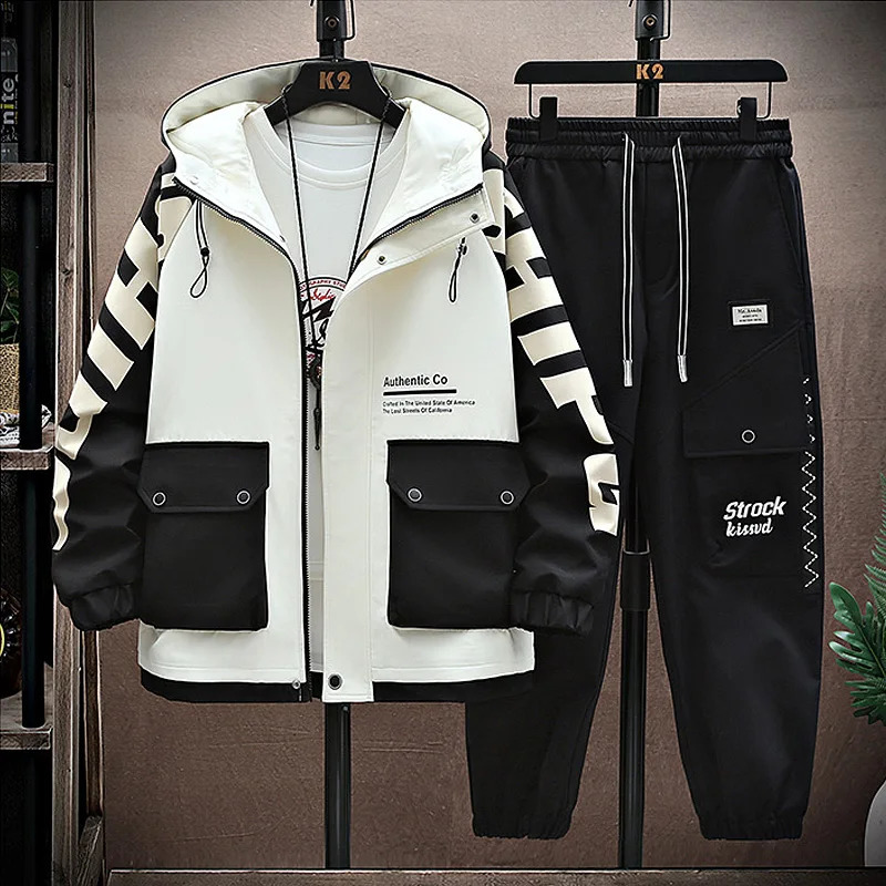 Spring and autumn mens track and field clothes casual jogging hoodies sports shirts jackets pants 2-piece set hip-hop running sportswear 240827