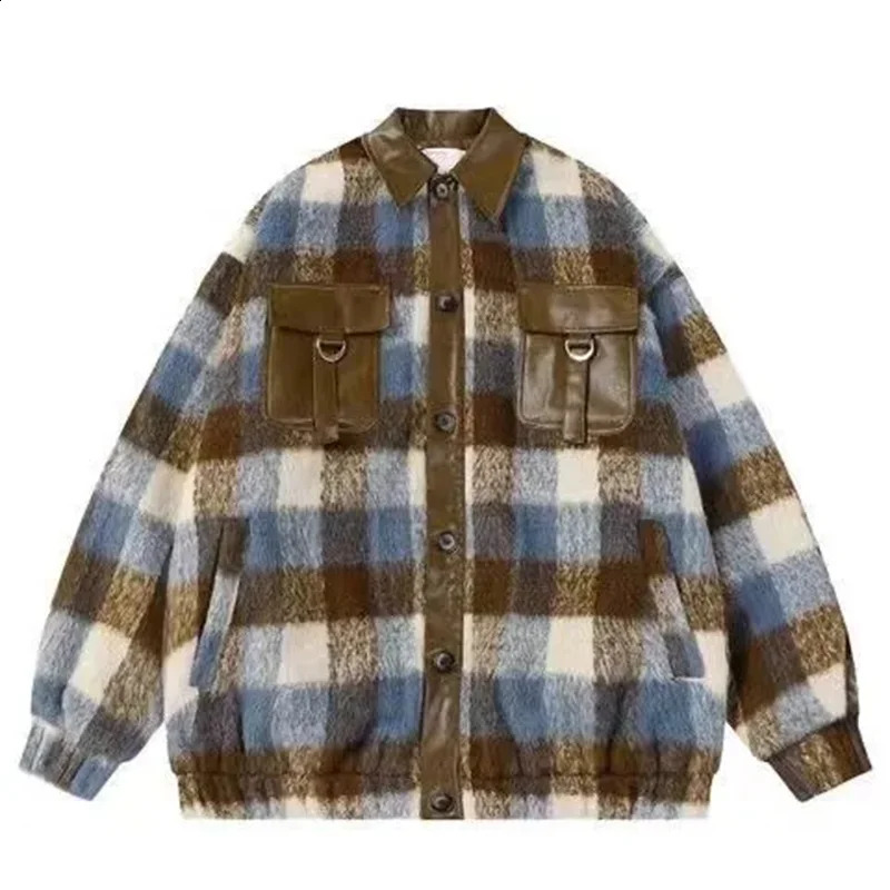 Spring/Summer American Checkered Wool Splicing Leather Jacket Womens Maillard Atmospheric Loose Jacket WS 240827