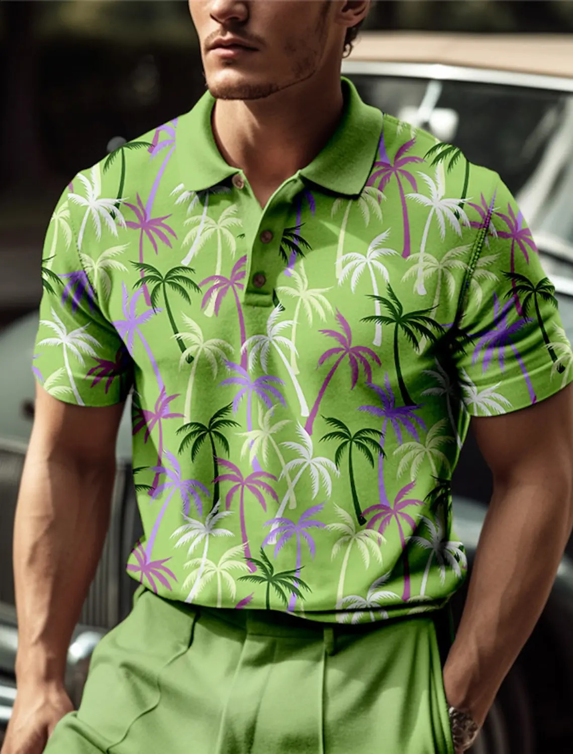 Mens polo shirt summer casual coconut tree pattern button breathable quick drying moisturizing short sleeved mens top 240828