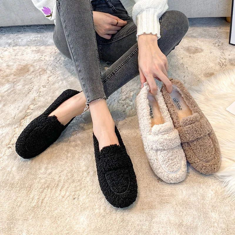 34-43 Large Lambwood Mokasin Womens Curly Sheepskin Flat Bottom Womens Warm Fluffy Winter Cotton Shoes Womens Fur Snow Boots 240827