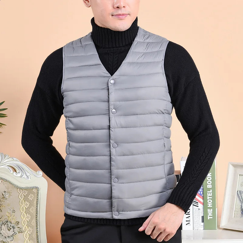 Mens warm cotton vest autumn mens sleeveless jacket middleaged and elderly solid color Vneck single chest down 240827