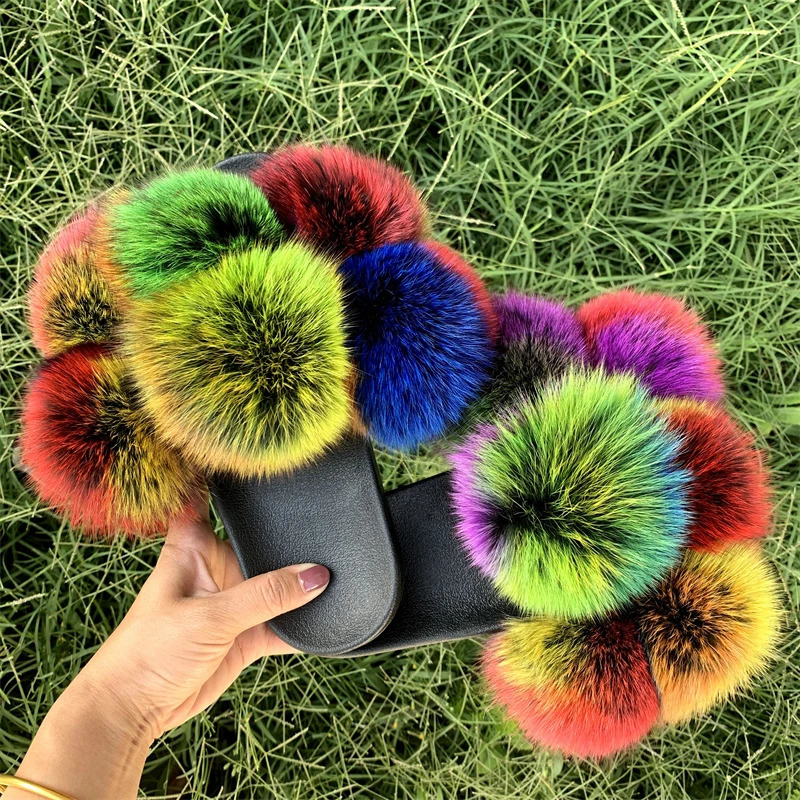Fur slider factory supplies mixed color Pom six ball fox fur multi-color fluffy fur slider 240827