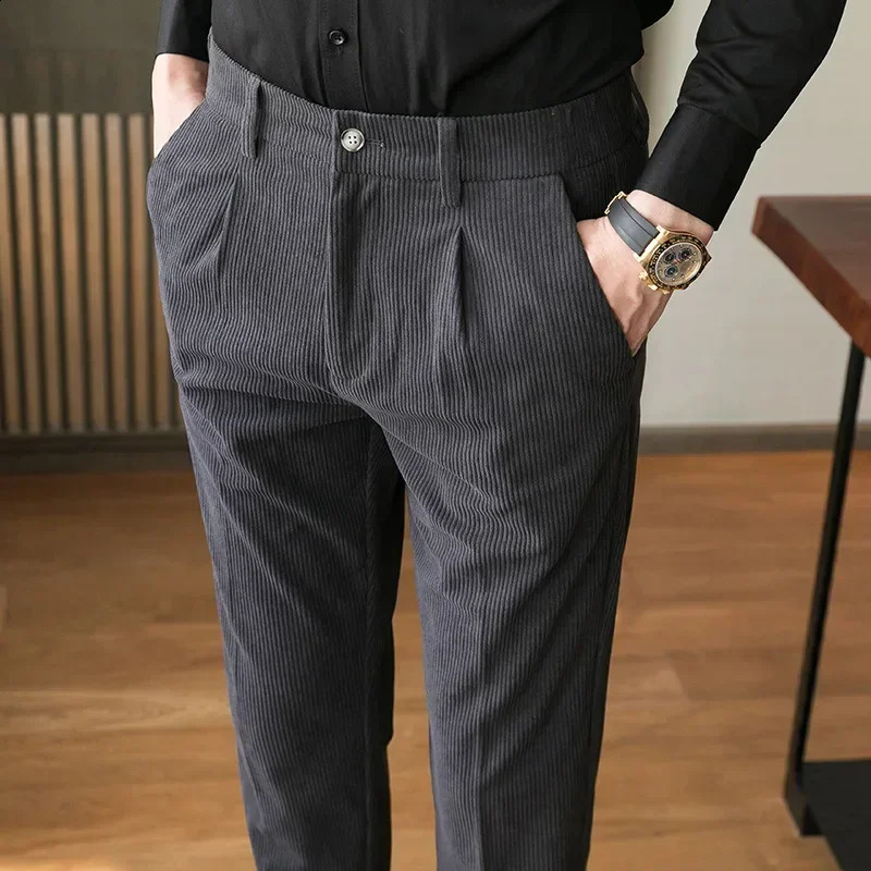 British Style Men High Waist Casual Dress Pant Belt n Slim Trousers Formal Office Social Wedding Party Suit Pants 240827