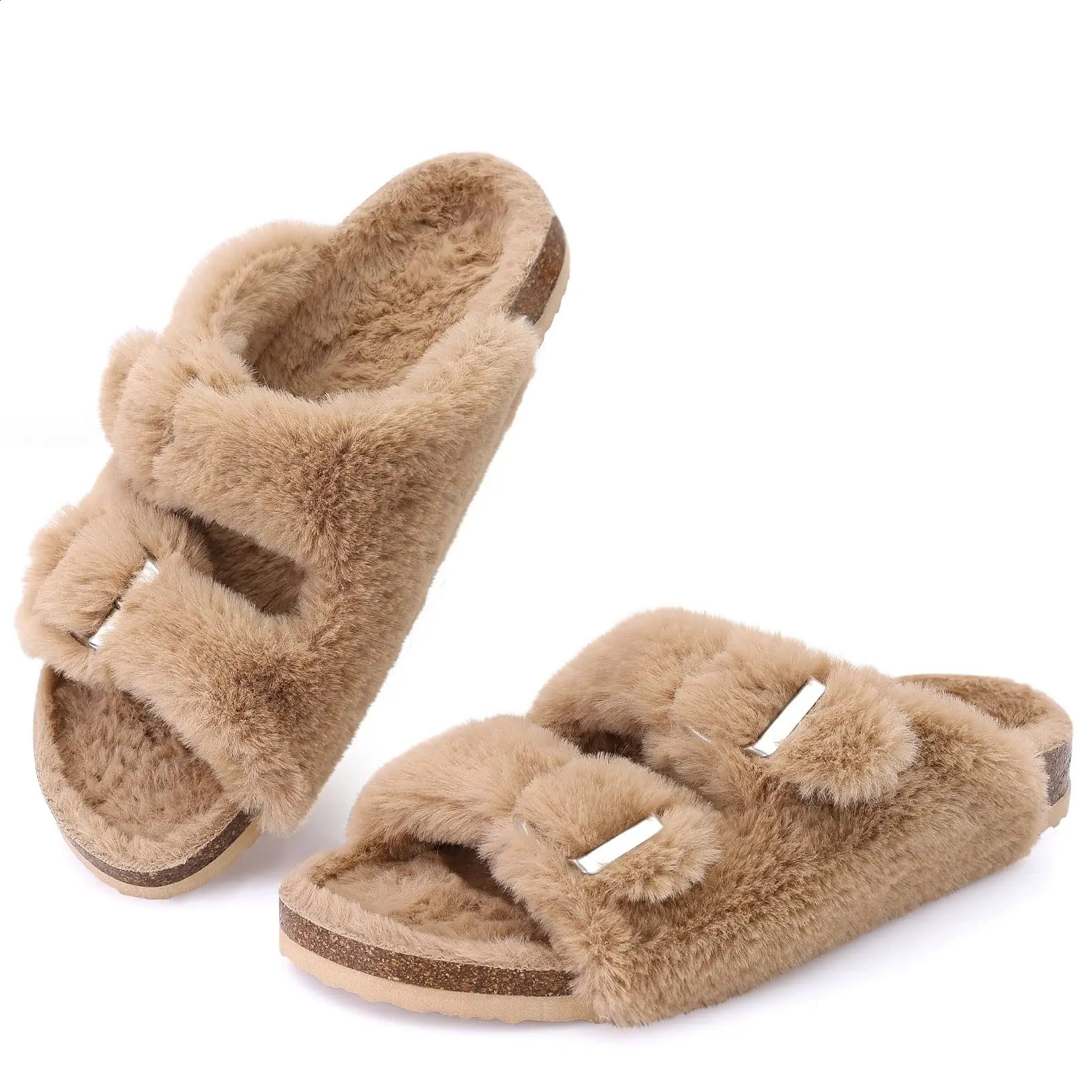 Crestar womens fuzzy slider with cork foot pad fluffy slider sandals open toe indoor shoes arch support adjustable slider 240827