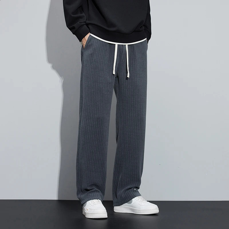 Corduroy Mens Baggy Casual Pants Elasticity Soft Khaki Black Fashion Korean Streetwear Autumn Drawstring Straight Trousers 240828