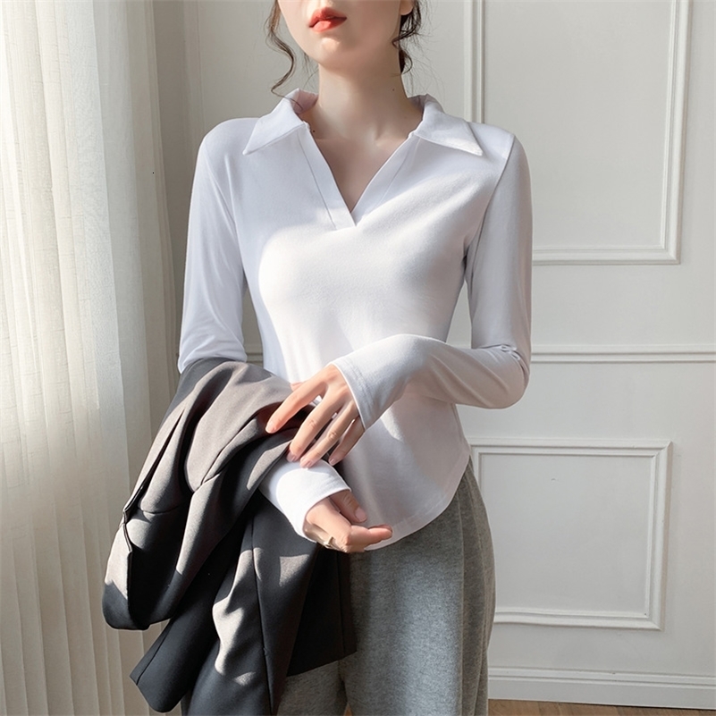 autumn tight fitting long sleeved T-shirt for women cotton lapel polo neck Y2k top for women ultra-thin polo shirt 240827