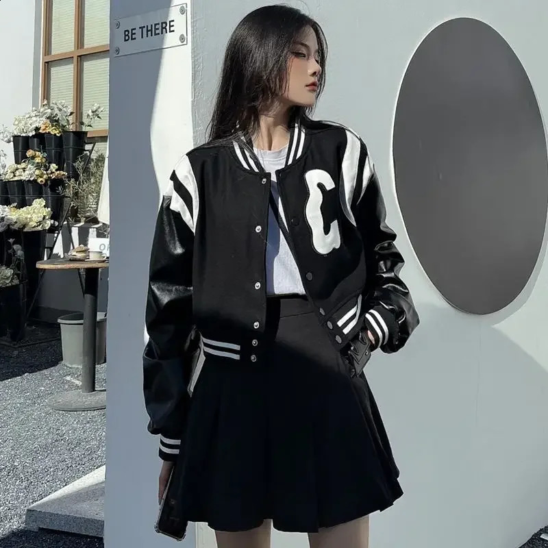 Womens black and white leather jacket with loose letter embroidery short and long punk style jacket American jacket bomber street 240827